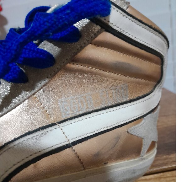 Golden Goose Laminated Slide Sneakers Sz 35 (US 5) Preowned Gold White Blue - Picture 8 of 16